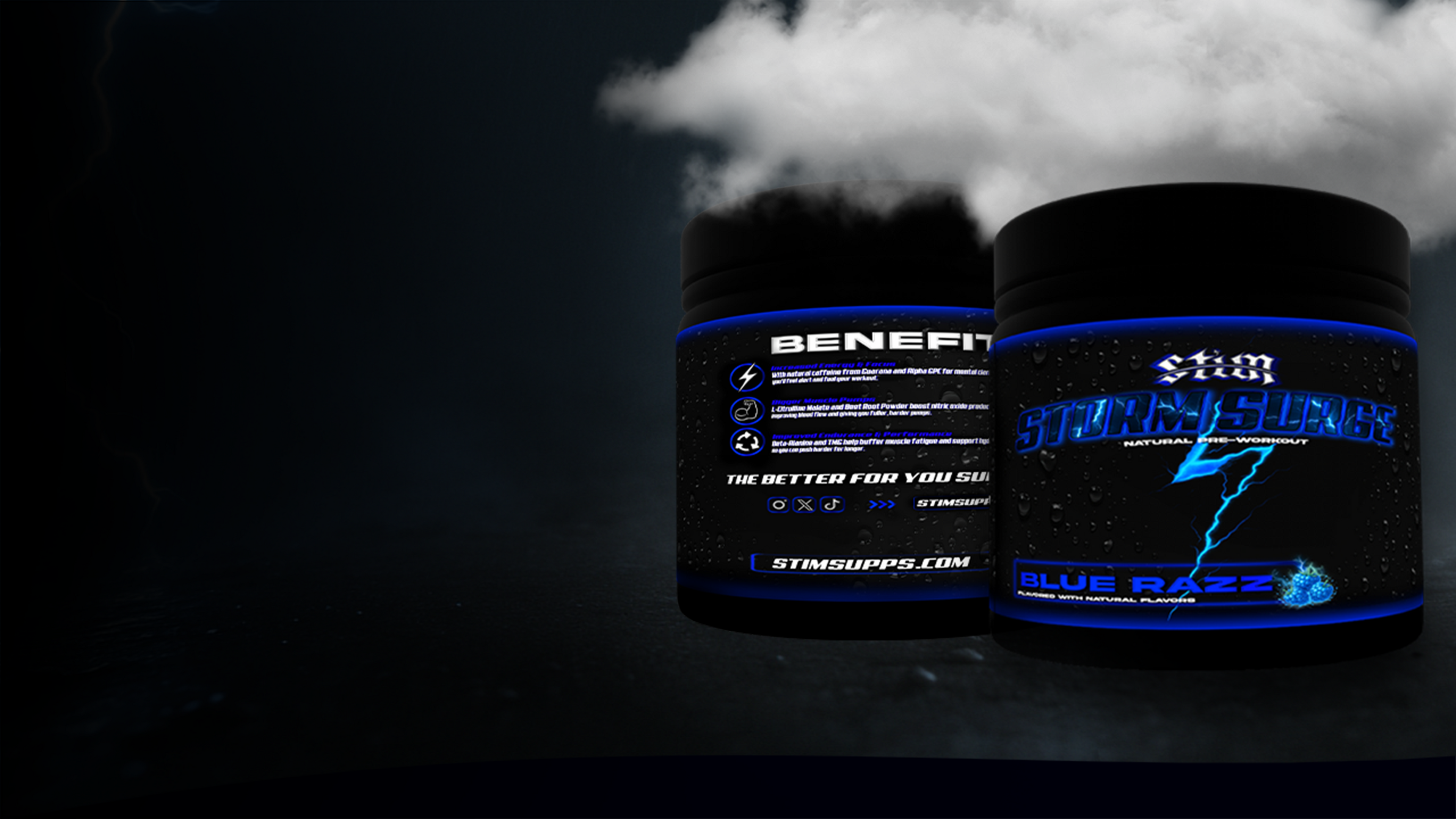Two black containers with blue labels on a dark background